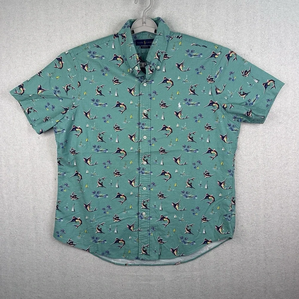 Ralph Lauren Men's Large Classic Fit Hawaiian Button Up Sailboats Fish Islands - Picture 1 of 6